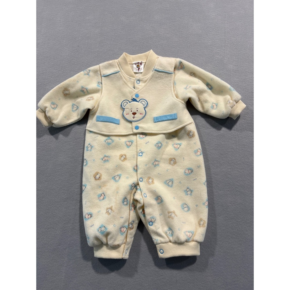Vintage Xiao Qi Lu Cream Fleece Bear Print Baby Romper Snap Up One Piece Size 3